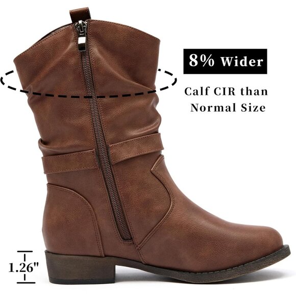 Veittes Womens Brown Low Chunky Heel Motorcycle Style Side Zipper Classic Boots - Picture 3 of 6